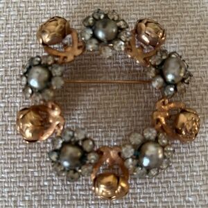 Vintage Sandor Floral Wreath Brooch with Rhinestones & Faux Pearls – 1940s/50s